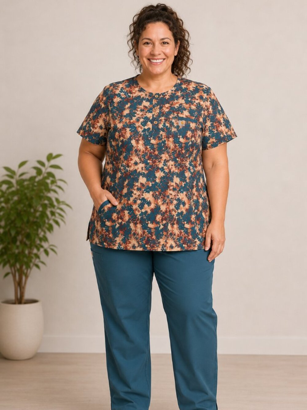 Carhartt Womens Modern Fit Henley Floral Scrub Top 2XL Force Cross-Flex NWT
